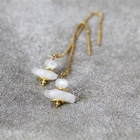 Moonstone Earrings Gold Threader Earrings June Birthstone White