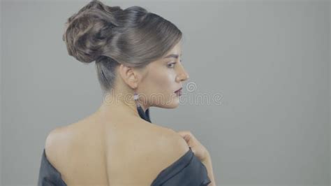 Gorgeous Brunette Touching Breasts Through Bra Seductive Woman Posing In Bed Stock Footage