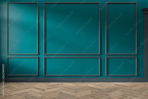 Modern classic green, turquoise color empty interior with wall panels ...