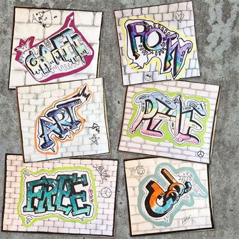 Four Pieces Of Paper With Graffiti Written On Them All In Different