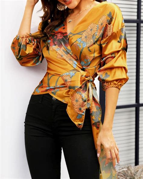 Floral Print Knot Waist Wrapped Blouse Wrap Blouse Fashion Wrap