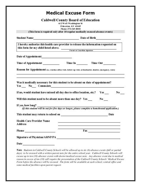 Fillable Online Caldwell Medical Excuse Form Fax Email Print Pdffiller