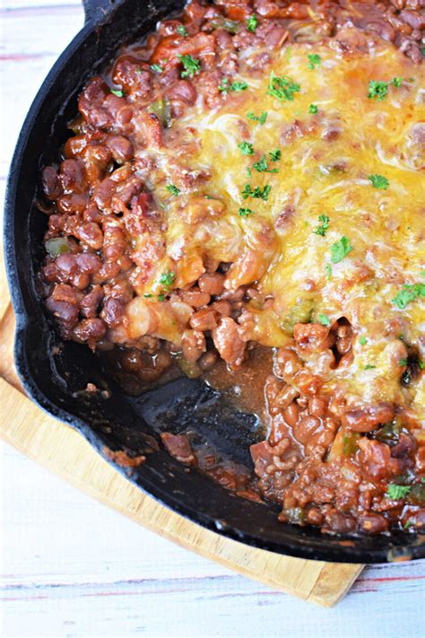 Baked Bean Casserole In A Skillet On Stove Canned Baked Beans