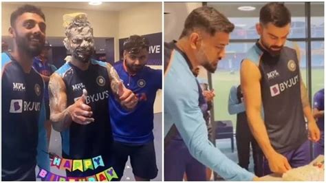 MS Dhoni leads Virat Kohli's birthday party inside dressing room, teammates share videos - Watch ...