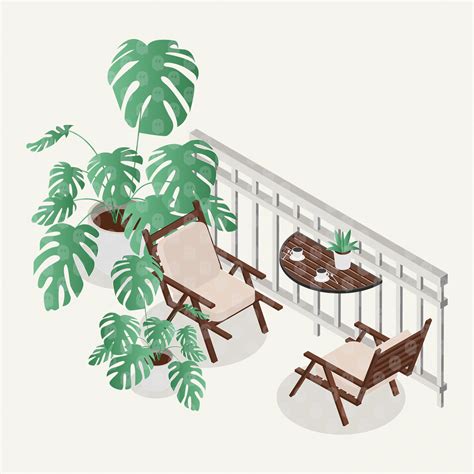 Archade Axonometric Balcony Furniture With Potted Plants Vector Drawings