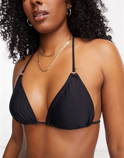 Stradivarius Shiny Triangle Bikini Top In Black Asos