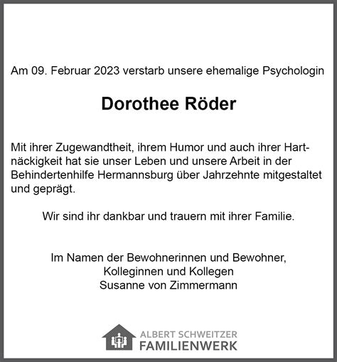 Wir Trauern Um Dorothee R Der Albert Schweitzer Familienwerk E V