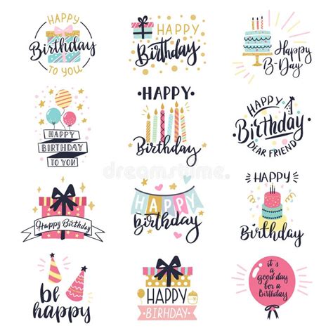 Happy Birthday Logo Badge Greeting Lettering Cake Balloons And