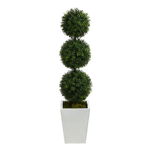 Nearly Natural 46 In Boxwood Triple Ball Topiary Artificial Tree In White Metal Planter