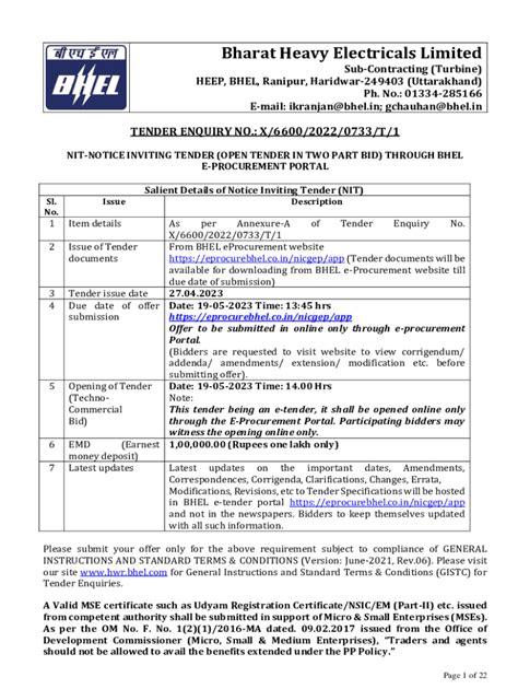 Fillable Online Salient Details Of Notice Inviting Tender NIT Fax