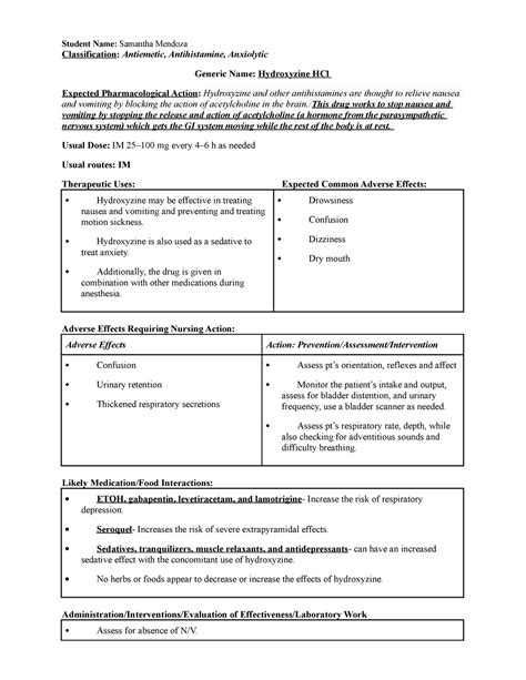 Hydroxyzine Unit 2 Student Name Samantha Mendoza Classification