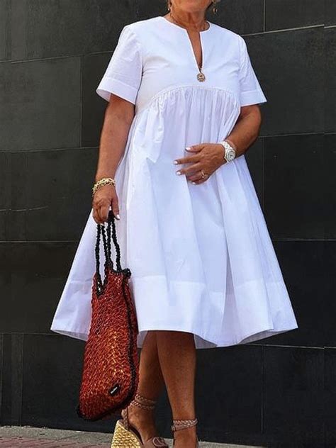 Deep V Neck Midi Dress With Loose Short Sleeves In Solid Color