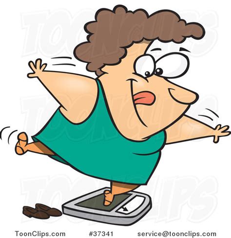 Cartoon Fat Lady Trying To Trick The Scale While Weighing Herself