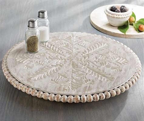 Huge Hand Carved And Beaded White Wash Lazy Susan Farmhouse Fresh Home