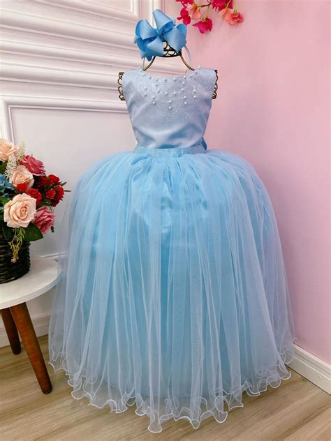 Vestido Infantil Damas de Honra Longo Azul Strass e Pérolas Rosa