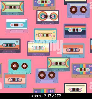 Seamless Pattern With Audio Cassette Tapes In A Retro Color Palette