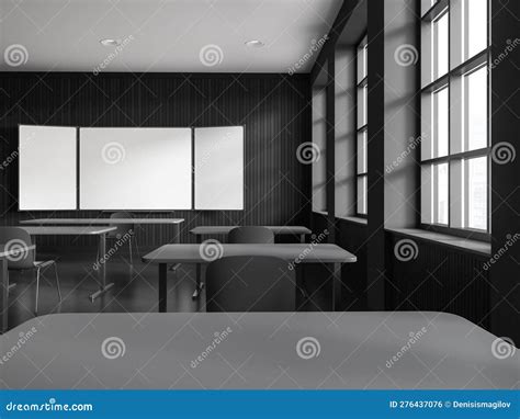 Black Modern Classroom Interior With Table In Row And Chalkboard Mockup Stock Illustration