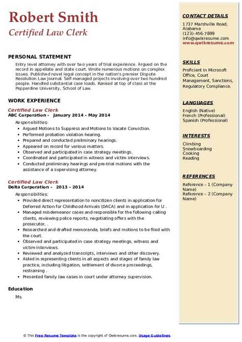 Certified Law Clerk Resume Samples Qwikresume