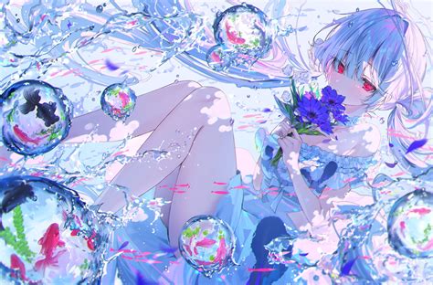 Safebooru 1girl Bare Shoulders Blue Flower Blue Hair Bubble Choker Closed Mouth Commentary