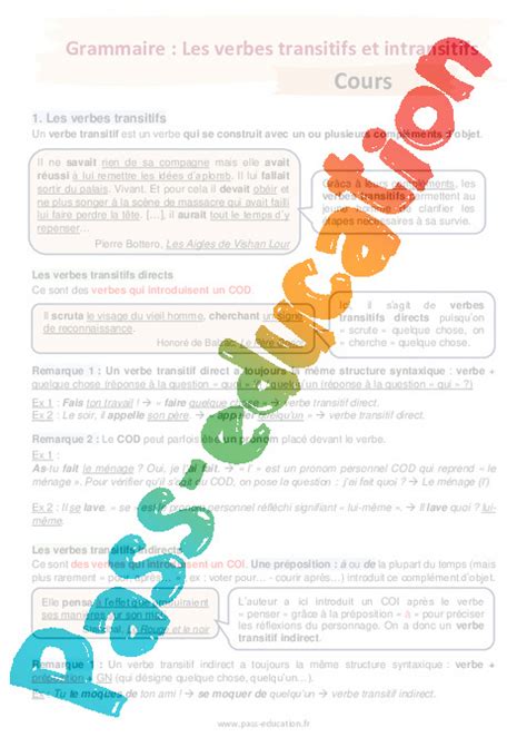 Séquence Fiche De Préparation Verbes Transitifs Et Intransitifs