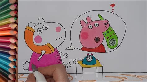 Drawing And Coloring Peppa Pig And Suzy Sheep Talking On The Phone