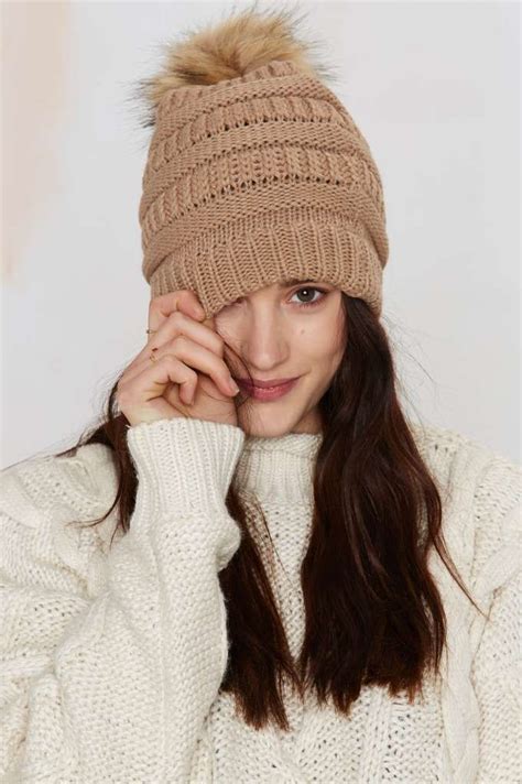 Keep Pom Ribbed Beanie Brown Brown Leather Hat Cold Weather