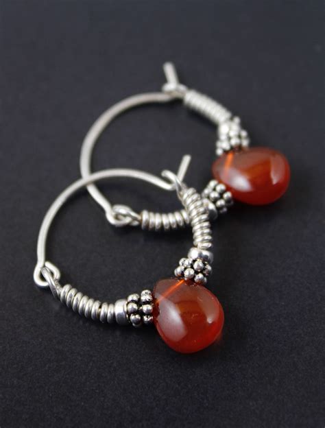 Sterling Silver Hoop Earrings Red Carnelian Earrings Silver Etsy