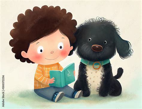 Little boy reading a book with his dog. Children's book illustration ...