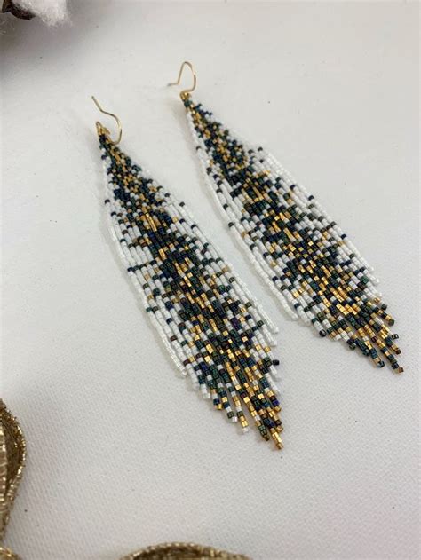 White Blue And Gold Galaxy Beaded Earrings Statement Boho Earrings