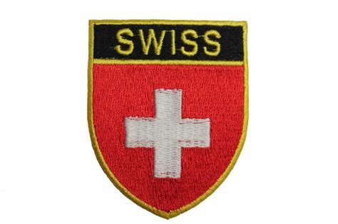 Swiss Switzerland Flag Shield Shape Gold Trim Iron On Patch Crest Badgenew Ebay