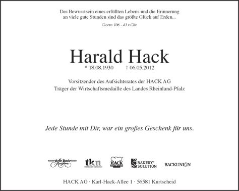 Traueranzeigen Von Harald Hack Rz Trauer De