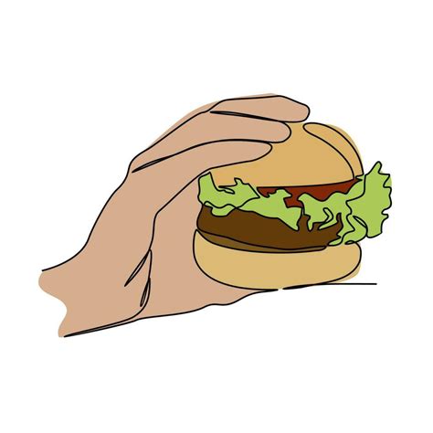 One continuous line drawing of a hand holding a burger. Food ...