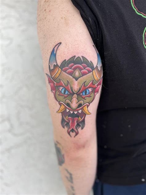 Demon head done by Arin at dinosaur tattoo company in Dothan, Alabama ...