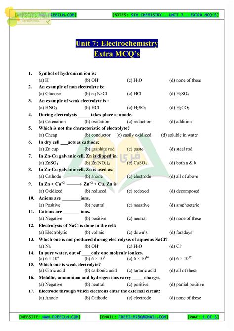 SOLUTION Chem Electrochemistry Mcqs 9thclass Ch7 Studypool