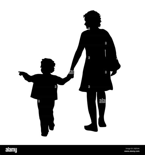 Silhouettes Of A Mother And Her Daughter Walking And Holding Hands