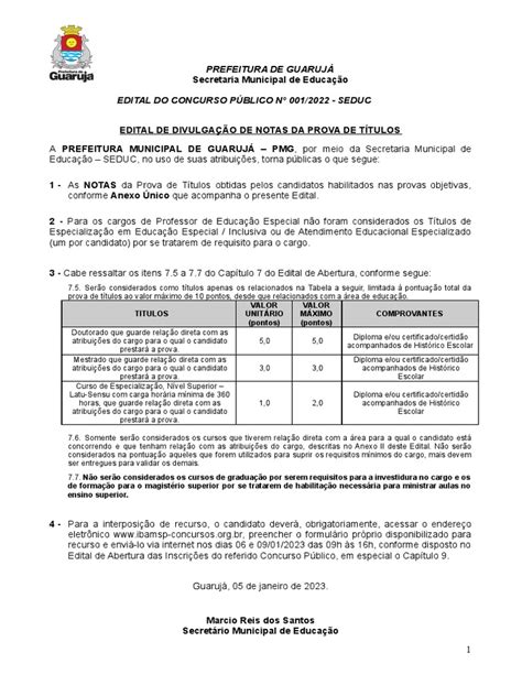 15 Edital De Divulgação De Notas Da Prova De Títulos Pdf Educação