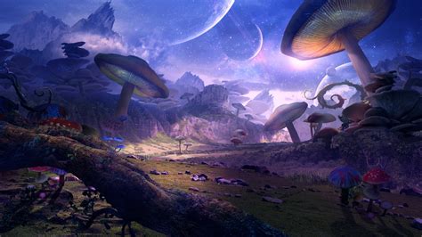 Wallpaper Fantasy World Planet Mushrooms Art Picture 1920x1080 Full