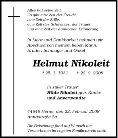 Trauer Und Todesanzeigen Von Helmut Nikoleit Trauer De