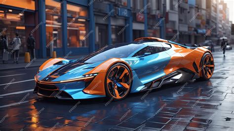 Premium Ai Image Futuristic Blue And Orange Sports Car On City Street