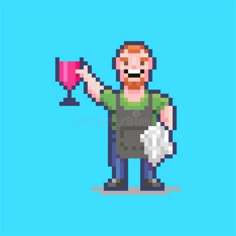 Simple Flat Pixel Art Illustration Of Smiling Waiter With A Glass Of