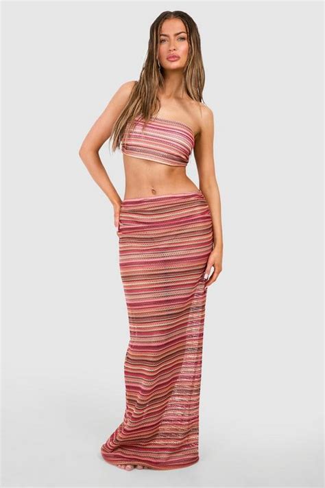 Beachwear Stripe Crochet Top And Skirt Beach Co Ord Boohoo