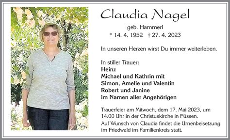 Traueranzeigen Von Claudia Nagel Augsburger Allgemeine Zeitung