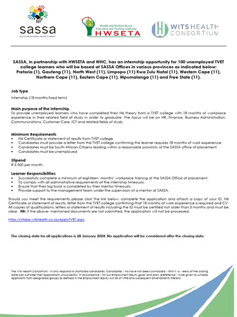 Tvet Internship Sassa Advert 15 01 2024 Pdf Internship Job Hunting