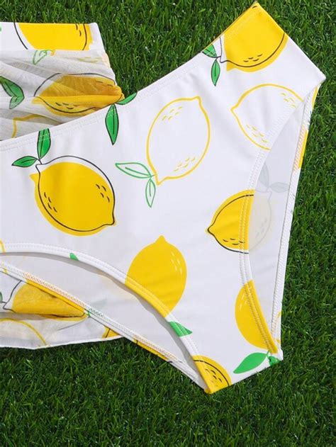 SHEIN Teen Girl Lemon Print Bikini Swimsuit With Beach Skirt SHEIN UK