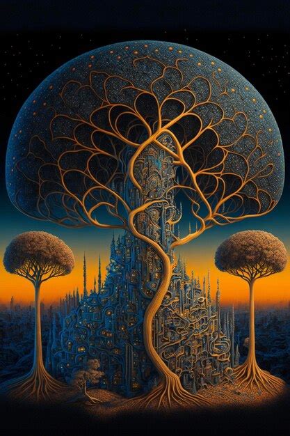 Premium Photo A Painting Of A Futuristic City Surrounded By Trees