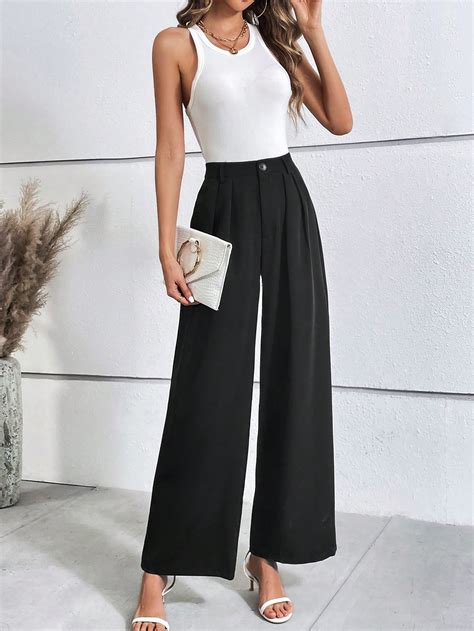 Shein Essnce Pantalones De Traje Unicolor Con Fruncido De Pierna Ancha