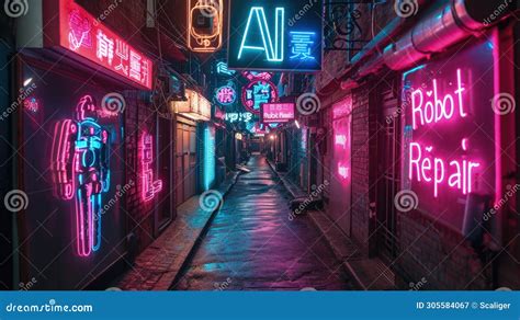 neon street  cyberpunk city  night shop signs ai  robot repair