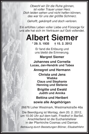 Traueranzeigen Von Albert Siemer Nordwest Trauer De