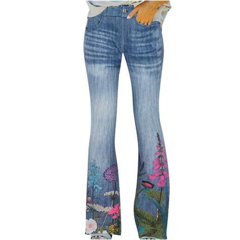 Sinimoko Modern Skinny Jeans Floral Print Embroidery High Waist Elastic