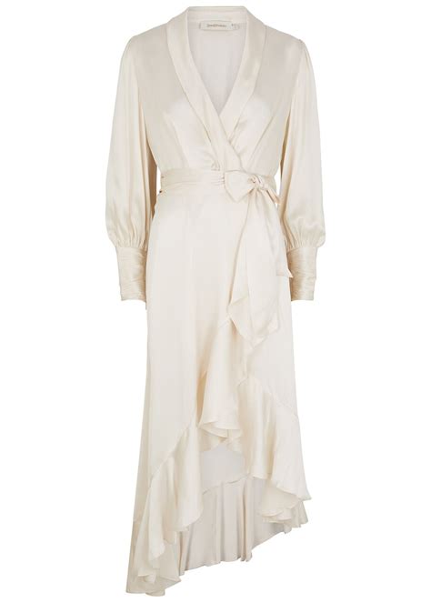 Zimmermann Ruffled Silk Satin Midi Wrap Dress 4 Cream Editorialist